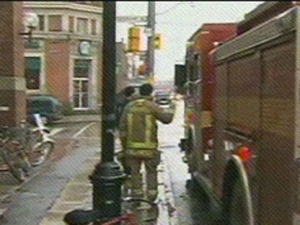 Emergency crews are seen outside the scene of a west-end gas leak Saturday morning. (CP24)