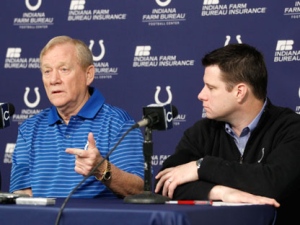 This April 22, 2011 file photo shows Indianapolis Colts Vice Chairman Bill Polian, left, responds to a question while Vice President and General Manager Chris Polian listens during a news conference in Indianapolis. The Colts have fired Polian and his son, Chris. Owner Jim Irsay announced the moves Monday, Jan. 2, 2012 one day after the team finished the year 2-14. Coach Jim Caldwell was retained. (AP Photo/Darron Cummings, File