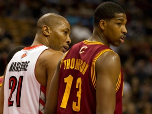 Toronto Raptors centre Jamaal Magloire (left) lines up against Cleveland Cavaliers forward Tristan Thompson during first half NBA action in Toronto on Wednesday, Jan. 4, 2012. (THE CANADIAN PRESS/Frank Gunn)