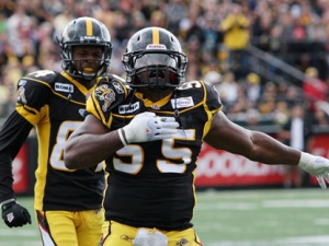 Hamilton Tiger-Cats Stevie Baggs celebrates a big defensive play during first-half Canadian Football League action against the Montreal Alouettes in Hamilton, Ontario, Monday, September 5, 2011. THE CANADIAN PRESS/Dave Chidley