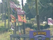 Flags for Six Nations are seen near the blockades in Caledonia, Ont., on Monday, Sept. 1, 2008.