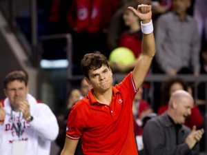 Canada's Milos Raonic celebrates his straight sets win over France's Julien Benneteau during a Davis Cup tennis singles match in Vancouver, B.C., on Friday, Feb. 10, 2012. (THE CANADIAN PRESS/Darryl Dyck)