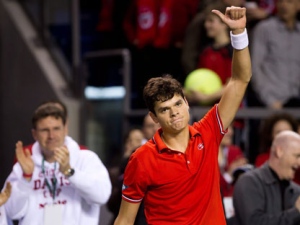 Canada's Milos Raonic celebrates his straight sets win over France's Julien Benneteau during a Davis Cup tennis singles match in Vancouver, B.C., on Friday February 10, 2012. THE CANADIAN PRESS/Darryl Dyck