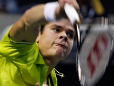 Milos Raonic serves against Ryan Harrison during their match in the SAP Open tennis tournament in San Jose, Calif., Saturday, Feb. 18, 2012. Raonic defeated Harrison 7-6 (4), 6-2. (AP Photo/George Nikitin)