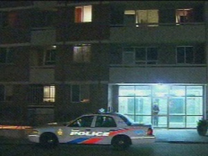 A police cruiser is seen outside a Toronto apartment, where a man was stabbed three times Saturday evening. (CP24) 