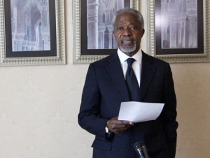 United Nations envoy Kofi Annan speaks during a press conference in Damascus, Syria, Sunday, March 11, 2012. Annan will hold a second meeting with the country's President Bashar Assad on Sunday to discuss proposals for stopping violence and starting a political dialogue, a U.N. official in Damascus said. (AP Photo/Muzaffar Salman)