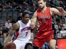 Detroit Pistons' Brandon Knight (7) drives against Toronto Raptors' Linas Kleiza (11) in the second half of an NBA basketball game Saturday, March 10, 2012, in Auburn Hills, Mich. Knight scored 19 points, all in the first half, to help the Pistons to a 105-86 win over the Raptors. (AP Photo/Duane Burleson)