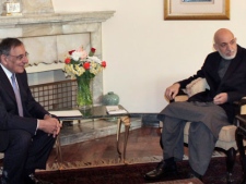 U.S. Defense Secretary Leon Panetta, left, meets with Afghanistan's President Hamid Karzai in Kabul, Thursday, March 15, 2012. (AP Photo/ Mohammad Ismail, Pool)