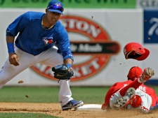 Philadelphia Phillies' Juan Pierre, right, is out on an attempt to steal second as Toronto Blue Jays shortstop Yunel Escobar scoops up the throw during the fifth inning of their spring training baseball game in Dunedin, Fla., Thursday, March 22, 2012. (AP Photo/Kathy Willens)