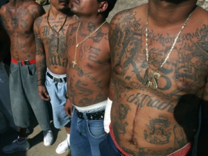 In this Nov. 24, 2005 file photo shows unidentified members of the gang Mara Salvatrucha who are incarcerated in the National Penitentiary of Tamara, in Tegucigalpa, Honduras. The deadliest prison blaze in a century has drawn attention to an unfortunate U.S. export to Central America, street gangs. Prisons in Honduras and elsewhere in Central America are teeming with inmates who belong to gangs that have their roots in Southern California. Refugees of the region�s civil wars sowed a new breed of violence on the streets of Los Angeles in the 1980s. (AP Photo/Esteban Felix)