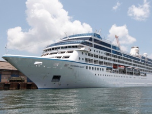 The stricken cruise ship Azamara Quest is tied up at the port in Sandakan, Malaysia, Monday, April 2, 2012. The Azamara Quest was stranded off the southern Philippines with 1,000 people aboard after flames engulfed one of its engine rooms, injuring five crew members. (AP Photo/Mark Baker)