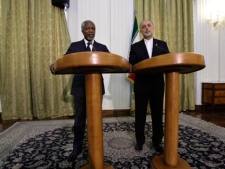 International envoy Kofi Annan, left, speaks during a joint press conference with Iranian Foreign Minister Ali Akbar Salehi in Tehran, Iran, Wednesday, April 11, 2012. Annan, the U.N.-Arab League envoy, has appealed to Syria's key ally Iran to support his plan to end the violence wracking the Arab country, saying that "any further militarization of the conflict would be disastrous." (AP Photo/Vahid Salemi)