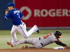 Baltimore Orioles Adam Jones collides with Toronto Blue Jays second baseman Kelly Johnson as he is forced out in first inning AL action in Toronto on Saturday April 14, 2012. THE CANADIAN PRESS/Frank Gunn