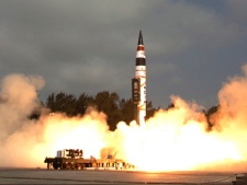 This photograph released by the Indian Ministry of Defense shows India�s Agni-V missile, with a range of 5,000 kilometres, being launched from Wheeler Island off India's east coast Thursday, April 19, 2012. (AP Photo/Indian Ministry of Defense)