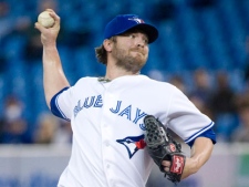 Toronto Blue Jays starting pitcher Kyle Drabek pitches against the Texas Rangers during first inning AL action in Toronto on Monday, April 30, 2012. (THE CANADIAN PRESS/Nathan Denette)