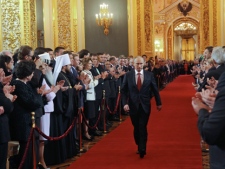 President-elect Vladimir Putin is pictured during his inauguration ceremony as Russia's new president in St. Andrew's Hall of the Kremlin in Moscow on Monday, May 7, 2012. (AP Photo/RIA Novosti Kremlin, Vladimir Rodionov, Presidential Press Service)