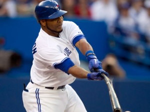 Toronto Blue Jays Edwin Encarnacion breaks his bat as he grounds out during first inning AL action against the Tampa Bay Rays in Toronto on Monday, May 14, 2012. (THE CANADIAN PRESS/Frank Gunn)