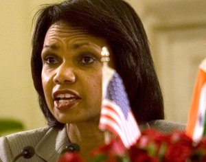 U.S. Secretary of State Condoleezza Rice speaks during a joint press conference with Indian Foreign Minister Pranab Mukherjee in New Delhi, India, Saturday, Oct. 4, 2008. (AP / Manish Swarup)