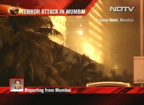 A fire burns at the Oberoi Hotel in Mumbia, India, as seen in this image made from NDTV video, Wednesday, Nov. 26, 2008.