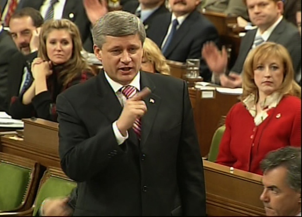 Prime Minister Stephen Harper responds during question period in the House of Commons in Ottawa, Thursday, Nov. 27, 2008.   