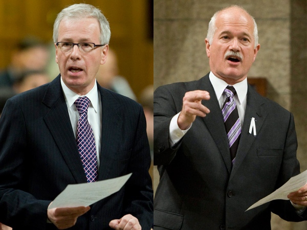 Liberal Leader Stephane Dion and NDP Leader Jack Layton ask questions during separate sessions of Question Period in the House of Commons in Ottawa in this composite image. (Adrian Wyld / THE CANADIAN PRESS)