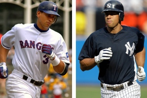 In this composition photo, Alex Rodriguez is seen as a Texas Ranger on May 22, 2003, right, and as a New York Yankee on July 3, 2008. (AP / Linda Kaye and Kathy Willens)