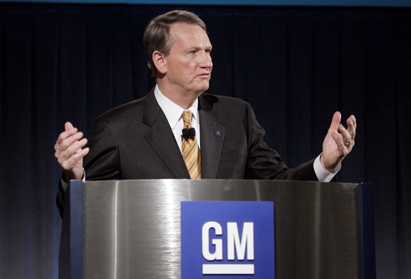 General Motors Chairman and Chief Executive Rick Wagoner talks about the company's restructuring plans during a news conference in Detroit, Tuesday, Feb. 17, 2009. (AP / Carlos Osorio)