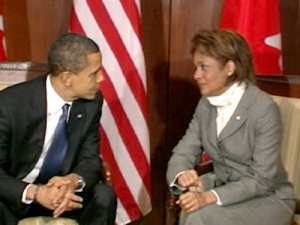 Gov. Gen. Michaelle Jean and U.S. President Barack Obama meet in a private area of Ottawa International Airport on Thursday, Feb. 19, 2009.