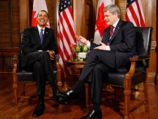 Prime Minister Stephen Harper meets with U.S. President Barack Obama on Parliament Hill in Ottawa, on Thursday, Feb. 19, 2009. (AP / Charles Dharapak)