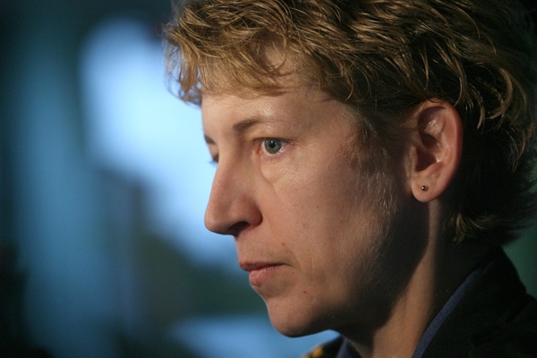 Commander Josee Kurtz listens to questions from reporters during a tour of the HMCS Halifax on Tuesday April 7, 2009 at the HMC dockyards in Halifax, Nova Scotia. Commander Kurtz, who assumed the command responsibility of the frigate HMCS Halifax on April 6, 2009, is the first women in the Canadian military to command a warship. (The Canadian Press/ Mike Dembeck)