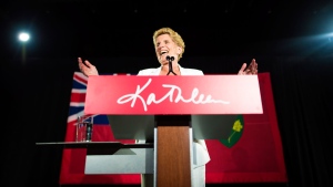 Former Ontario Premier Kathleen Wynne acknowledges her supporters following the election results in Toronto on Thursday, June 7, 2018. THE CANADIAN PRESS/ Tijana Martin