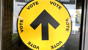 A voting sign is seen at a Toronto polling station on Oct. 21, 2019. (CTV News Toronto / Ron Dhaliwal)
