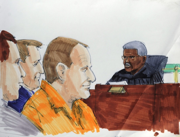 In this Saturday, Oct. 3, 2009 courtroom sketch, Michael David Barrett appears for a hearing at the Dirksen Federal Courthouse in Chicago. The Chicago-area man accused of filming surreptitious nude videos of ESPN reporter Erin Andrews in a hotel room was arrested at Chicago's O'Hare airport Friday night. (AP / Lou Chukman) 