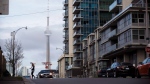 The CN Tower can be seen behind condos in Toronto's Liberty Village community in Toronto, Ontario on Tuesday, April 25, 2017. THE CANADIAN PRESS/Cole Burston