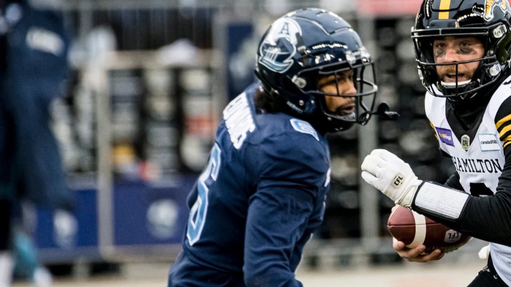 Kelly throws two TD passes, scores another in Argos' 41-28 Labour Day win  over Ticats