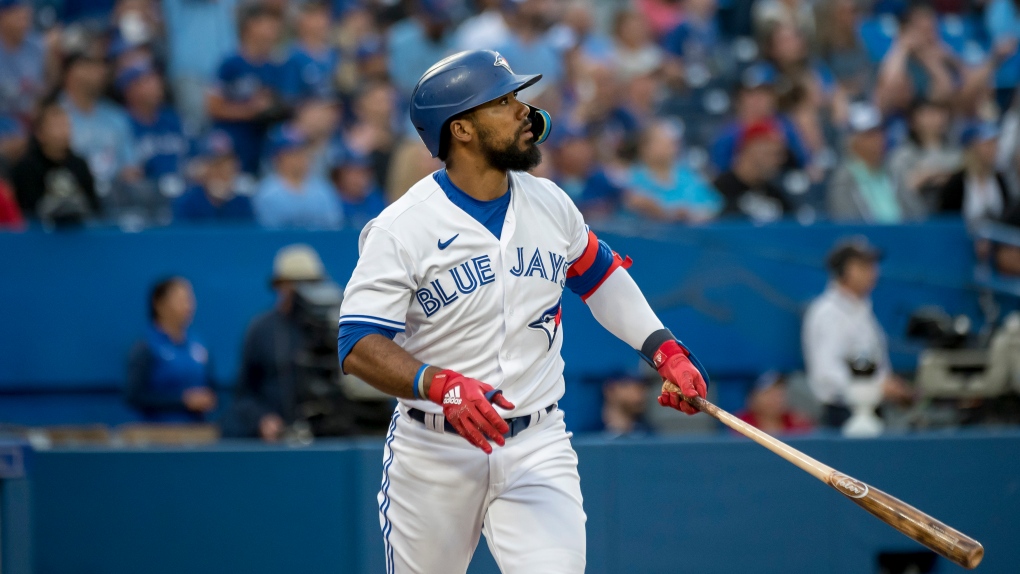 Teoscar Hernandez of the Toronto Blue Jays is given the Blue Jays