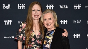 Executive producers Chelsea Clinton, left, and Hillary Clinton attend the premiere for "In Her Hands" on day two of the Toronto International Film Festival on Friday, Sept. 9, 2022, in Toronto. (Photo by Evan Agostini/Invision/AP)