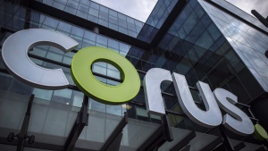 The new Corus logo at Corus Quay in Toronto is photographed, June 22, 2018. THE CANADIAN PRESS/ Tijana Martin