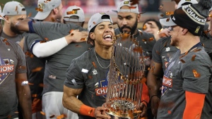 Houston Astros World Series trophy photo op at Minute Maid Park as