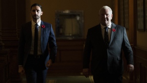 Ontario Premier Doug Ford (right) and Education Minister Stephen Lecce attend a news conference at the legislature in Toronto on Tuesday, November 8, 2022, as the government engages in further talks with the union representing 55,000 education workers. THE CANADIAN PRESS/Chris Young