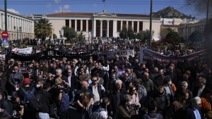 protest for victims of a rail disaster, in Greece