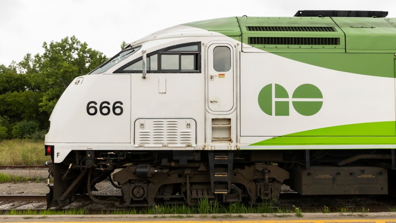 A GO Transit train sits parked at the Niagara Falls Train Station, Friday, August 26, 2022. THE CANADIAN PRESS/Tara Walton