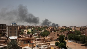 Smoke is seen in Khartoum, Sudan, Saturday, April 22, 2023. The fighting in the capital between the Sudanese Army and Rapid Support Forces resumed after an internationally brokered ceasefire failed. (AP Photo/Marwan Ali) 