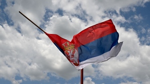 This photograph shows the Serbian flag at half mast in the village of Malo Orasje, about 60 kilometres south of Serbia's capital Belgrade, on May 6, 2023. (Photo by ANDREJ ISAKOVIC/AFP via Getty Images)
