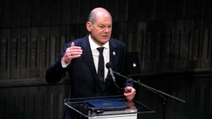 Germany's Chancellor Olaf Scholz speaks during a media conference at the Council of Europe summit in Reykjavik, Iceland, May 17, 2023. (AP Photo/Alastair Grant)