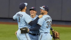 Toronto Blue Jays left fielder Daulton Varsho (25) waits for his