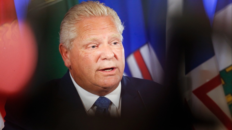 Doug Ford, Premier of Ontario, speaks to media at the Council of the Federation Canadian premiers meeting at The Fort Garry Hotel in Winnipeg, Tuesday, July 11, 2023. THE CANADIAN PRESS/John Woods