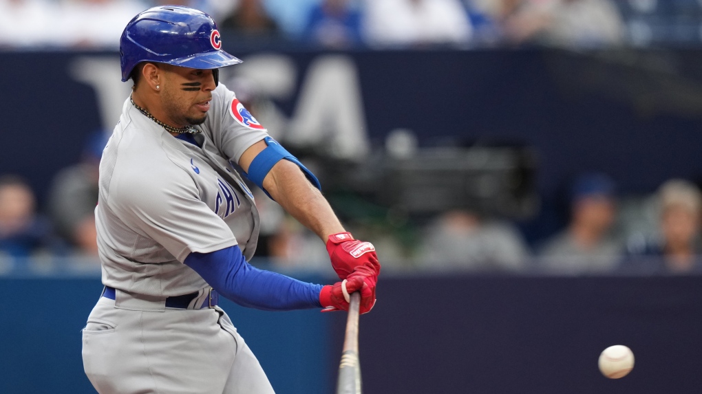 Toronto, Can. 12th Aug, 2023. Chicago Cubs relief pitcher Adbert Alzolay  celebrates his team's win over the Toronto Blue Jays at the end of ninth  inning MLB interleague baseball action in Toronto