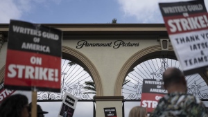 Demonstrators outside Paramount Pictures Studios