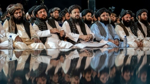 Taliban leaders attend a ceremony marking the 10th anniversary of the death of Mullah Mohammad Omar, the founder of the Taliban, in Kabul, Afghanistan, Thursday, May 11, 2023. (AP Photo/Ebrahim Noroozi)